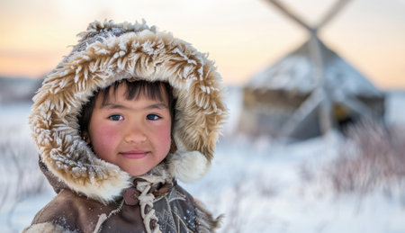 Inuit young child dressed in traditional fur clothing, standing proudly before a snow-covered yurt, peoples in extreme climatesの素材