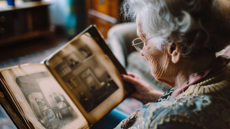 Elderly woman browsing through old photographs in a family photo album, nostalgia conceptの素材