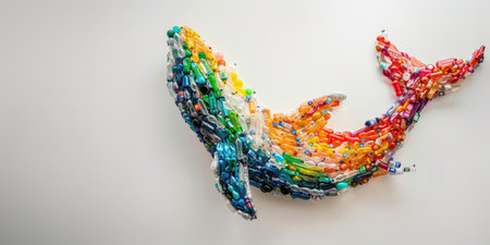 Whale marine animal made of plastic bottles on white background, Ocean pollution and plastic concentration concept. Save the planet, ecology inspirationの素材