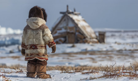 Inuit young child dressed in traditional fur clothing, standing proudly before a snow-covered yurt, peoples in extreme climatesの素材