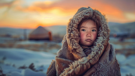 Inuit young child dressed in traditional fur clothing, standing proudly before a snow-covered yurt, peoples in extreme climatesの素材