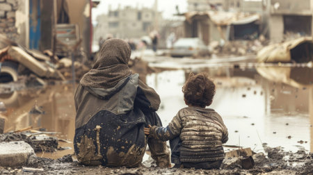 Mother and child sitting on the ground in front of rubble, surrounded by water with destroyed buildings in the background.の素材