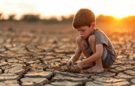 Child is kneeling on cracked earth, playing with clay in his hands. The background shows the dry land of an arid area. Climate change and global environmental issues.の素材