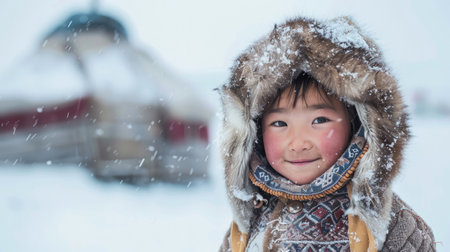 Inuit young child dressed in traditional fur clothing, standing proudly before a snow-covered yurt, peoples in extreme climatesの素材