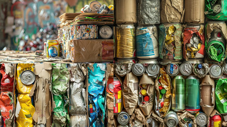 Stack of recycled materials, such as cardboard, aluminum cans, and plastic bottles, ready for processing and reuseの素材