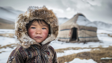 Inuit young child dressed in traditional fur clothing, standing proudly before a snow-covered yurt, peoples in extreme climatesの素材