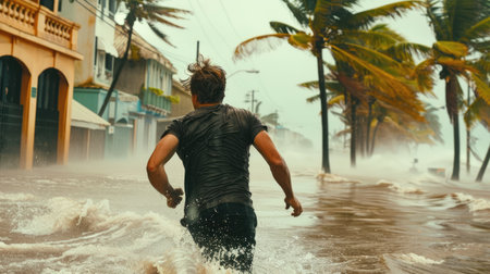 People running in the streets during hurricane, palm trees and flooded street, high winds blowing water up into air, houses destroyedの素材