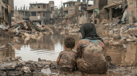 Mother and child sitting on the ground in front of rubble, surrounded by water with destroyed buildings in the background.の素材
