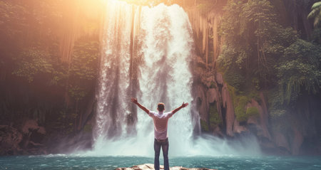 Man standing with his arms raised in front of the waterfall. The sunlight shines on him. Bucket list lifestyle conceptの素材