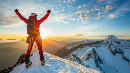 Person standing triumphantly on the summit of a snow-capped mountain at sunrise, arms raised in victory, with a panoramic view and a vibrant sky, bucket list lifestyle conceptの素材