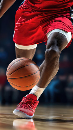 Cropped image of basketball player in red jersey playing basketball on courtの素材