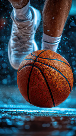 Basketball player with ball in action on dark background. Sport concept.の素材
