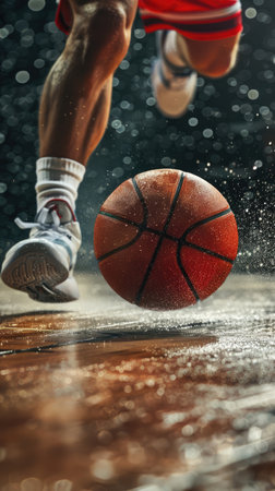 Basketball player in action on a basketball court under the rain.の素材