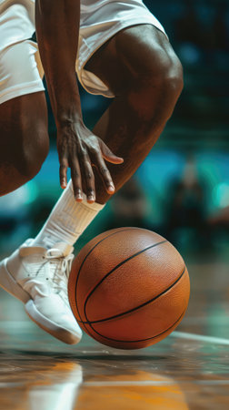 Cropped image of african american man playing basketball at gymの素材