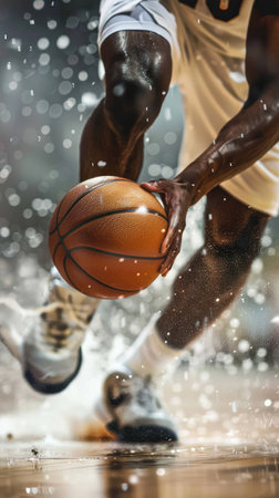 Cropped image of african american sportsman playing basketball in rainの素材