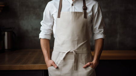 Close-up of a male barista in apron standing with hands in pocketsの素材