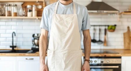 cropped view of man in apron standing with hands in pockets in kitchenの素材