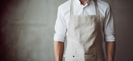 Portrait of a male chef in a white apron standing against gray backgroundの素材