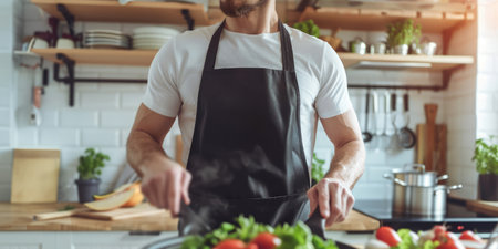 cropped view of man in apron cooking salad in kitchen at homeの素材
