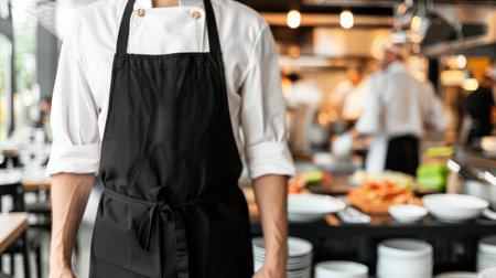 Close up of professional chef standing in restaurant kitchen, ready to cook.の素材