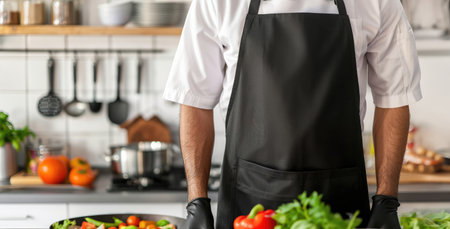 cropped view of chef in black apron standing in kitchen with vegetablesの素材