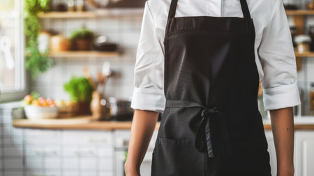 Close up of waiter standing in the kitchen and holding a black apron.の素材