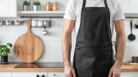 Man in black apron standing in kitchen, closeup. Space for textの素材