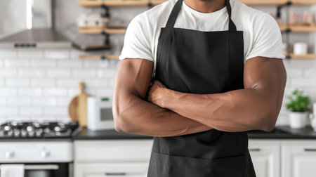 Cropped image of young man in apron standing with arms crossed in kitchenの素材
