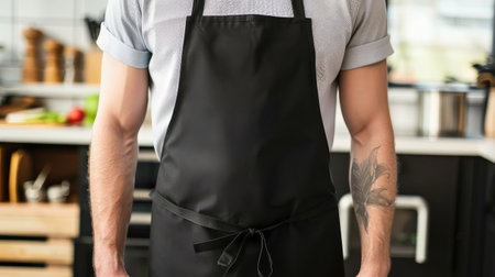 cropped shot of tattooed man in apron standing in kitchenの素材