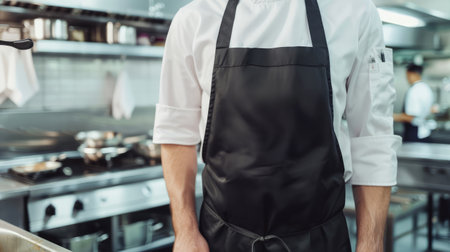 cropped view of waiter in apron standing with hand in pocket in restaurantの素材
