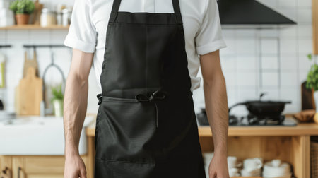 cropped view of waiter in black apron standing in modern kitchenの素材