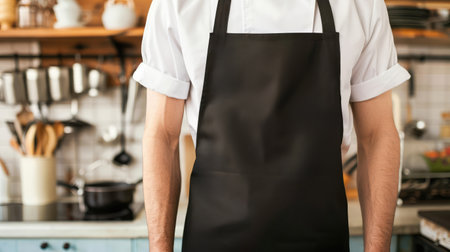 Man with apron standing in kitchen, closeup. Space for textの素材