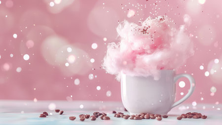 Coffee cup with pink cloud and coffee beans on bokeh backgroundの素材
