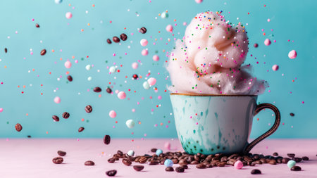 Coffee cup with ice cream and sprinkles on pastel backgroundの素材