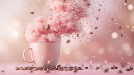 Pink coffee cup with falling coffee beans and bokeh background.の素材