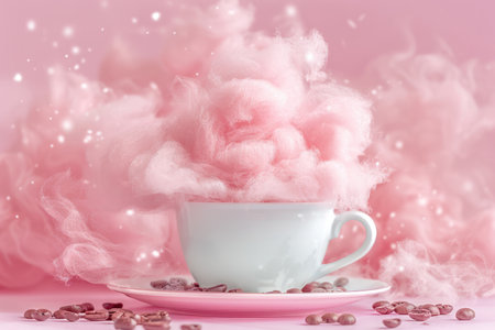 Cup of coffee with heart shaped candies on a pink backgroundの素材