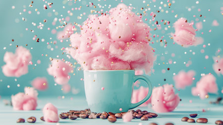 Cotton candy in a cup on a blue background with coffee beansの素材