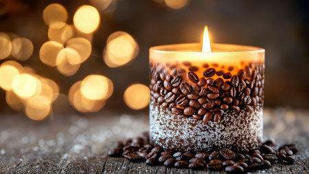 Coffee beans and burning candle on wooden table with bokeh backgroundの素材
