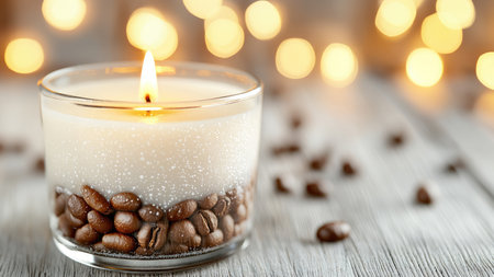 Candle with coffee beans on table against blurred lights, closeupの素材