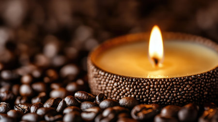 Coffee beans and burning candle on dark background, closeupの素材