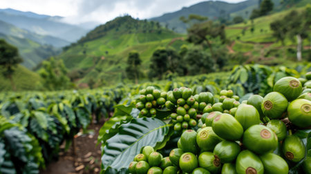Coffee beans ripening on a plantation in Sri Lanka.の素材