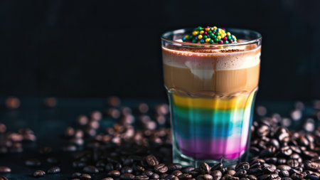 Dalgona coffee with whipped cream and colorful sprinkles in a glassの素材