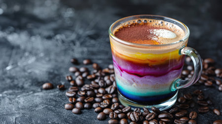 Colorful rainbow layered dessert in a glass cup with coffee beans on dark backgroundの素材