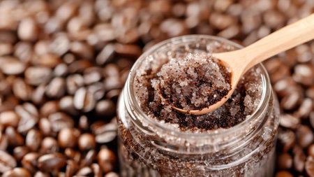 Coffee beans in glass jar with wooden spoon on table, closeupの素材