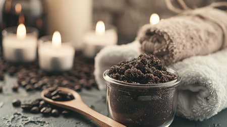 Coffee scrub in a glass jar with coffee beans on a wooden spoon, spa setting with candles and a towel. Wellness and natural skincare conceptの素材