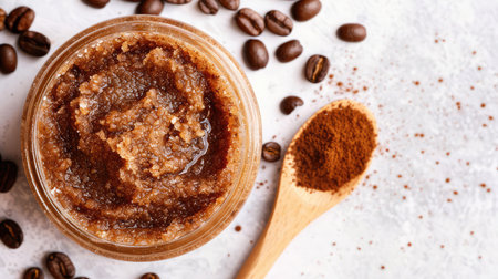 Coffee scrub in glass jar and coffee beans on light backgroundの素材