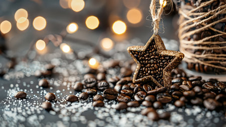 Coffee beans with christmas star decoration on bokeh backgroundの素材