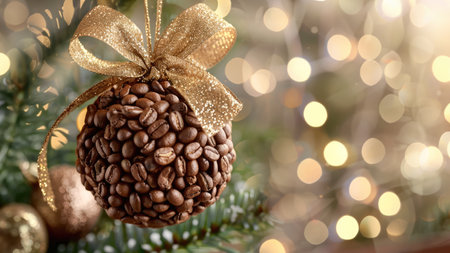 Coffee beans on christmas tree with bokeh backgroundの素材