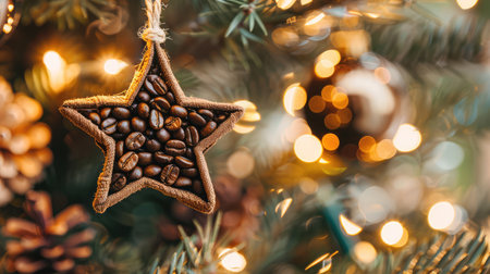 Christmas tree decoration with coffee beans on blurred bokeh background.の素材