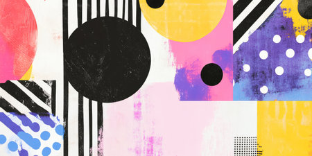 Abstract geometric shapes collage and patterns in vibrant colors. Contemporary art paintingの素材